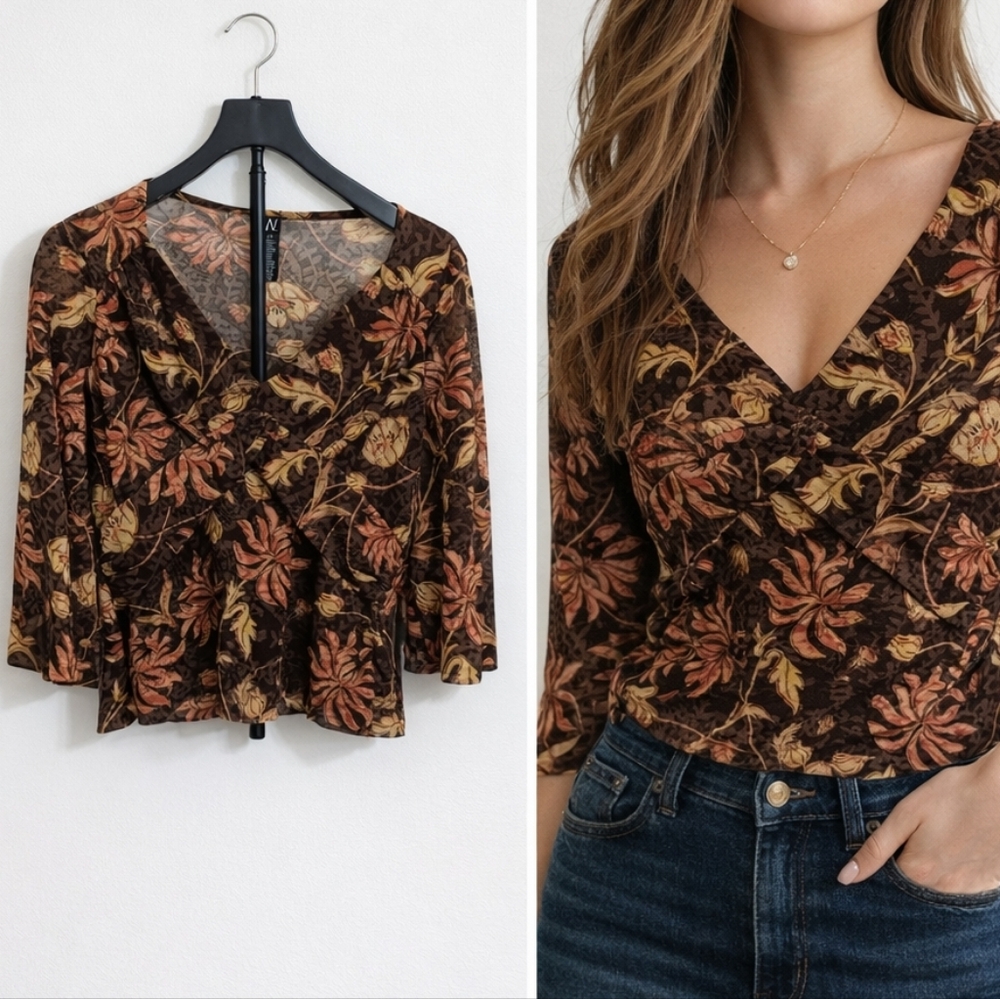 Work to Weekend Chic Brown Tan Blouse L Minimalist Professional Office Top
